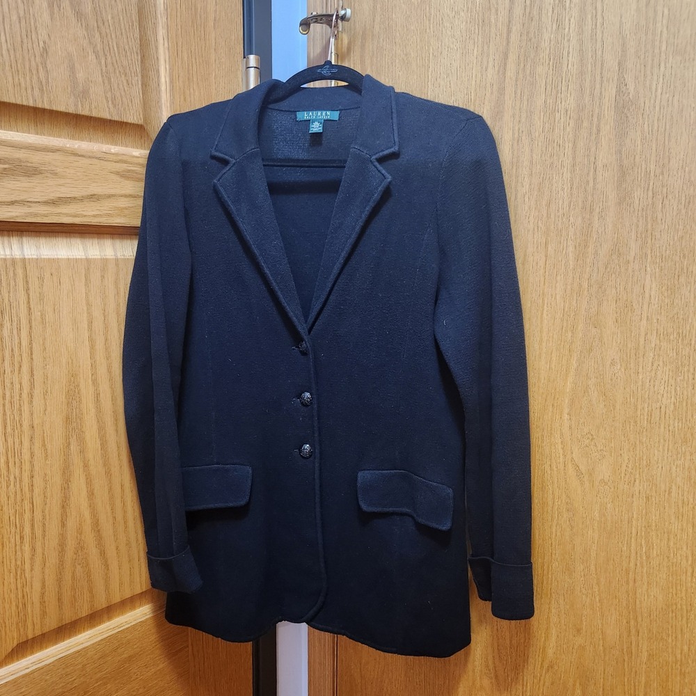 LAUREN Ralph Lauren Black Sweater Knit Blazer Jacket Womens XL 100% Cotton